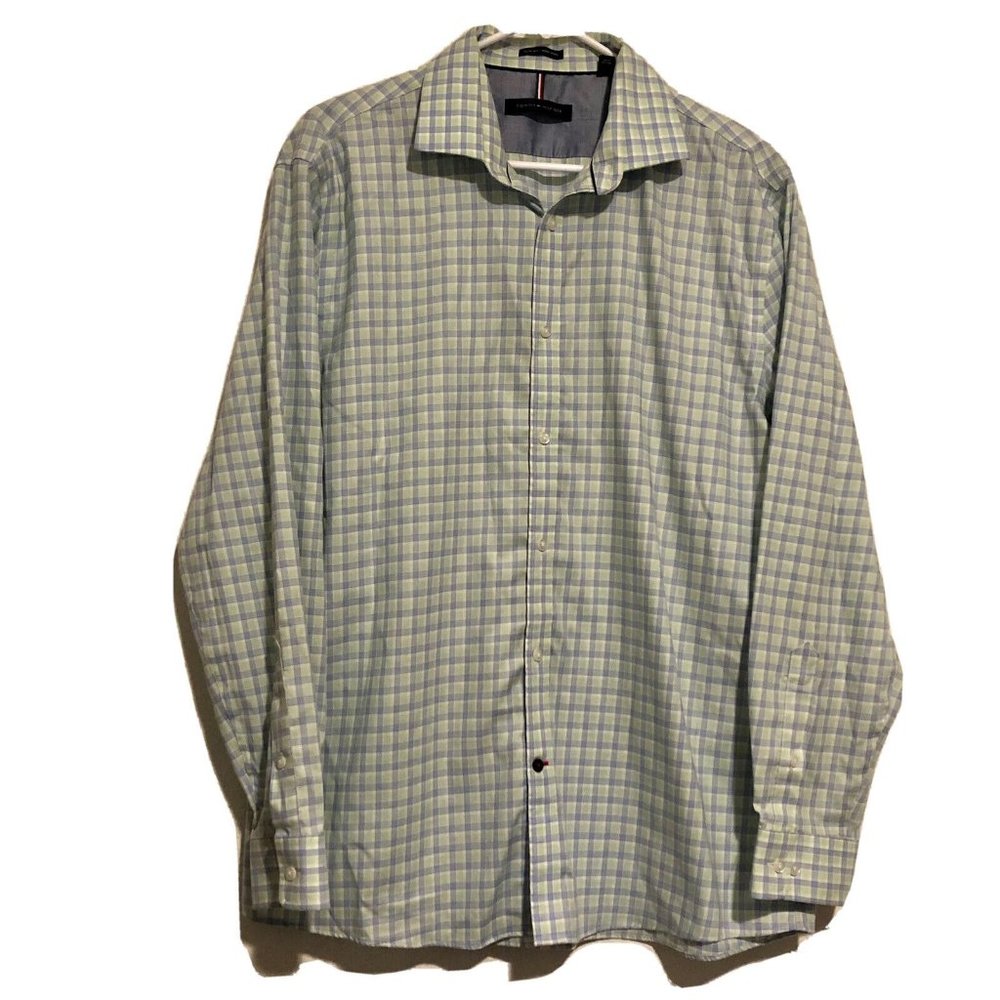 Tommy Hilfiger Slim Fit Green Blue Plaid Men’s Button Up Shirt 16 1/2 32/33